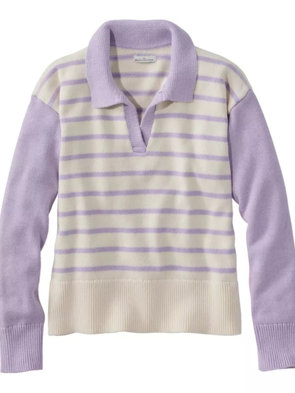L.L. Bean Cream and Lavender Striped V‑Neck Polo Sweater